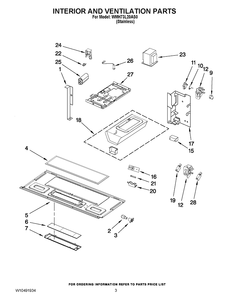 INTERIOR AND VENTILATION PARTS Diagram and Parts List for WMH73L20AS0  Whirlpool Microwave