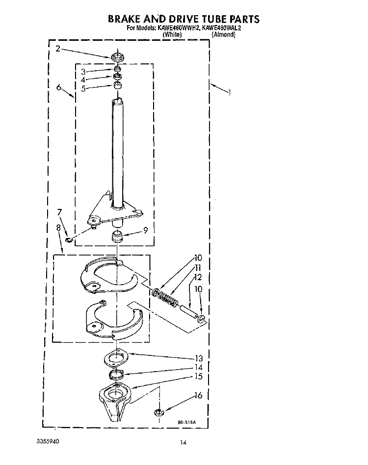 BRAKE AND DRIVE TUBE Diagram and Parts List for KAWE460WWH2  KitchenAid Washer