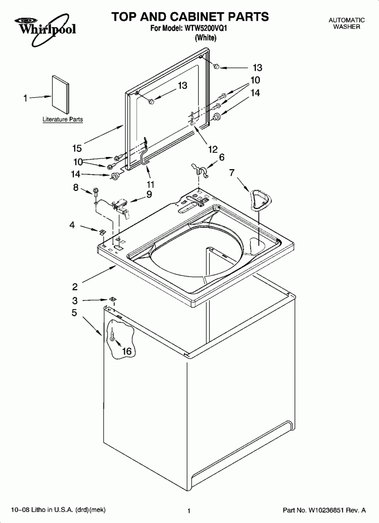 TOP AND CABINET PARTS Diagram and Parts List for WTW5200VQ1  Whirlpool Washer