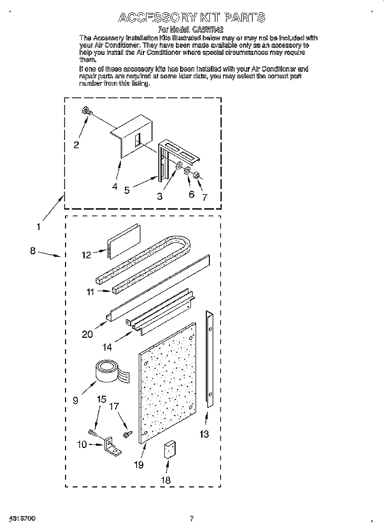 ACCESSORY KIT Diagram and Parts List for CA8WR42  Crosley Air Conditioner