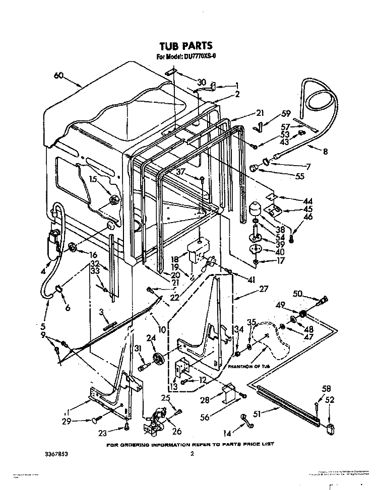 TUB, LIT/OPTIONAL Diagram and Parts List for DU7770XS0  Whirlpool Dishwasher