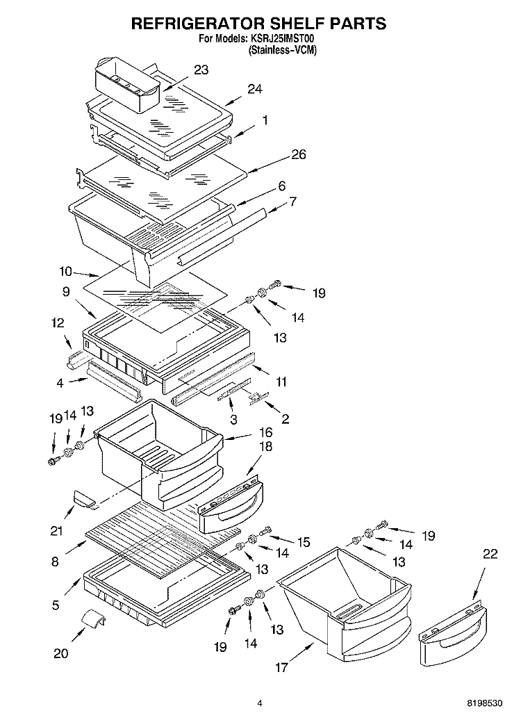 REFRIGERATOR SHELF PARTS Diagram and Parts List for KSRJ25IMST00  KitchenAid Refrigerator
