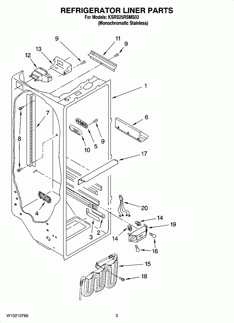 REFRIGERATOR LINER PARTS Diagram and Parts List for KSRS25RSMS03  KitchenAid Refrigerator