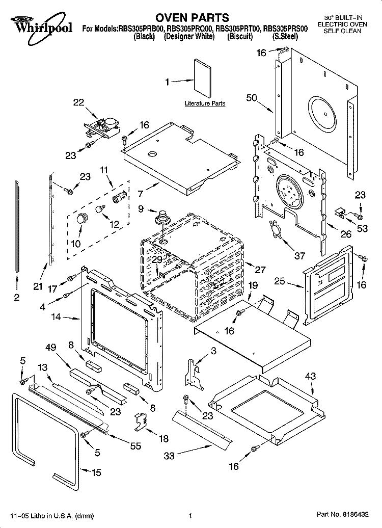 OVEN PARTS Diagram and Parts List for RBS305PRB00  Whirlpool Wall Oven
