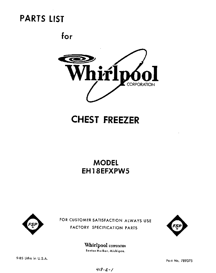 SECTION Diagram and Parts List for EH18EFXPW5  Whirlpool Freezer