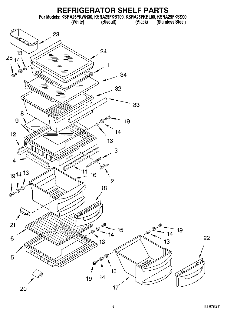 REFRIGERATOR SHELF Diagram and Parts List for KSRA25FKWH00  KitchenAid Refrigerator