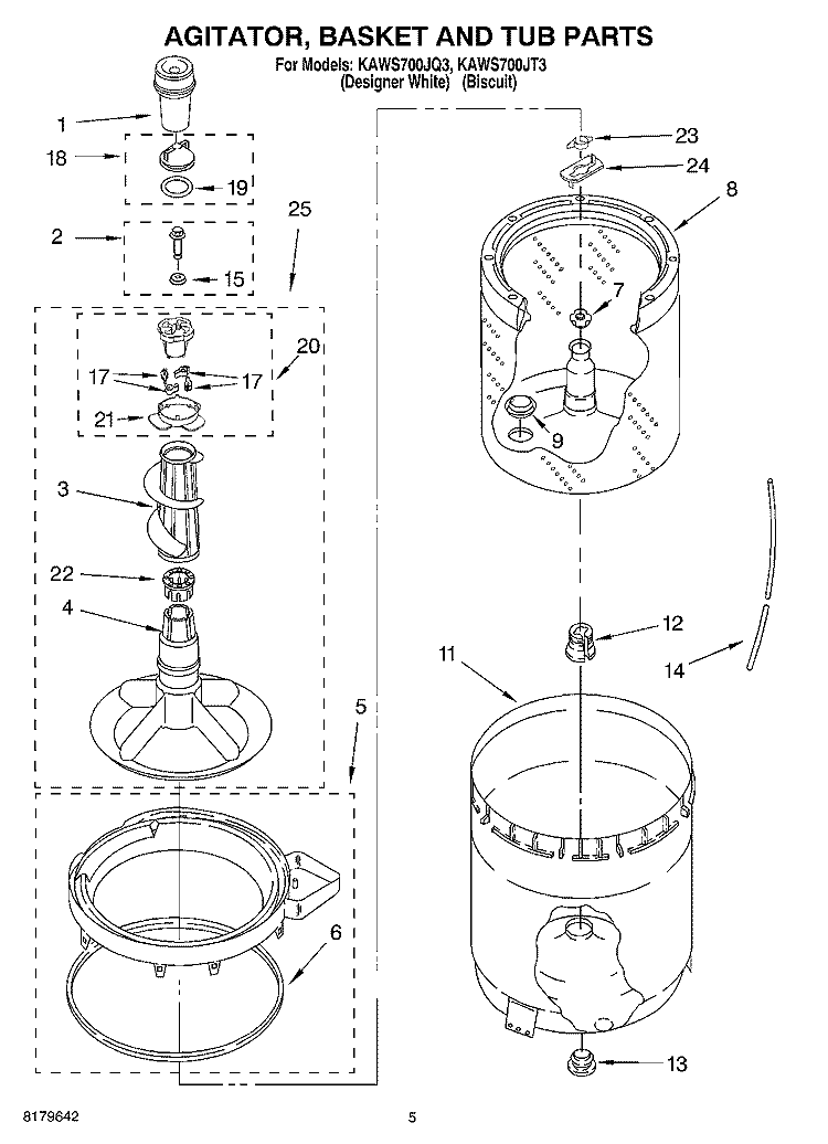 AGITATOR, BASKET AND TUB Diagram and Parts List for KAWS700JT3  KitchenAid Washer