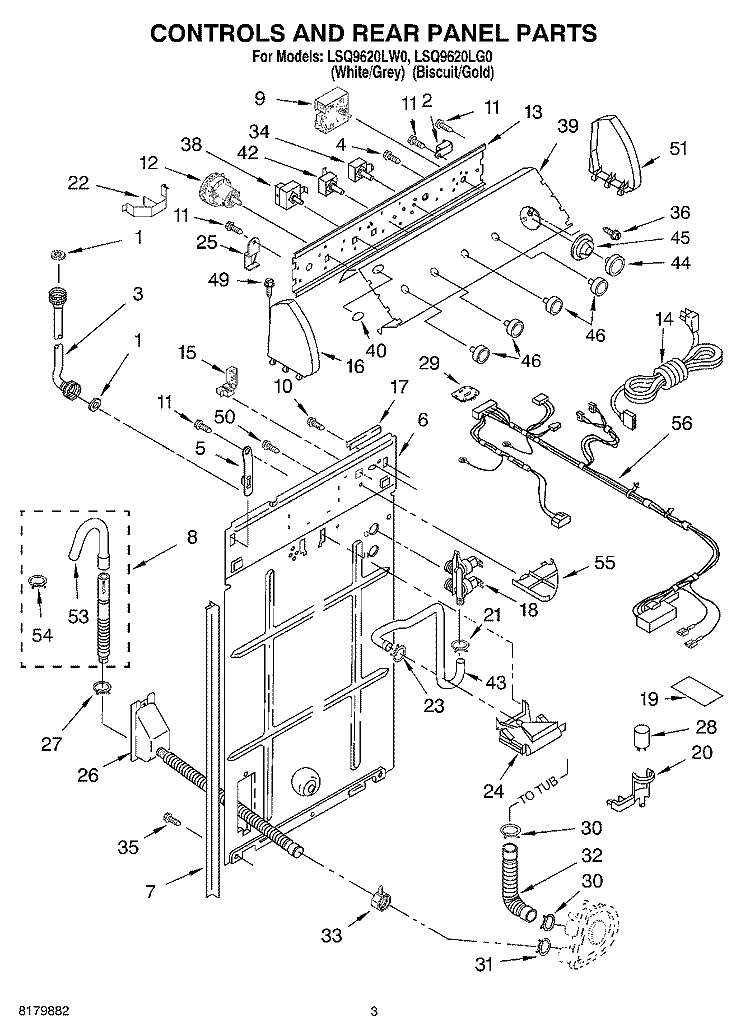 CONTROLS AND REAR PANEL Diagram and Parts List for LSQ9620LW0  Whirlpool Washer