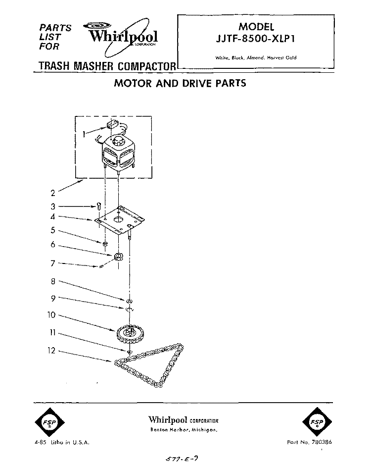 MOTOR AND DRIVE , LITERATURE Diagram and Parts List for JJTF8500XLP1  Whirlpool Trash Compactor