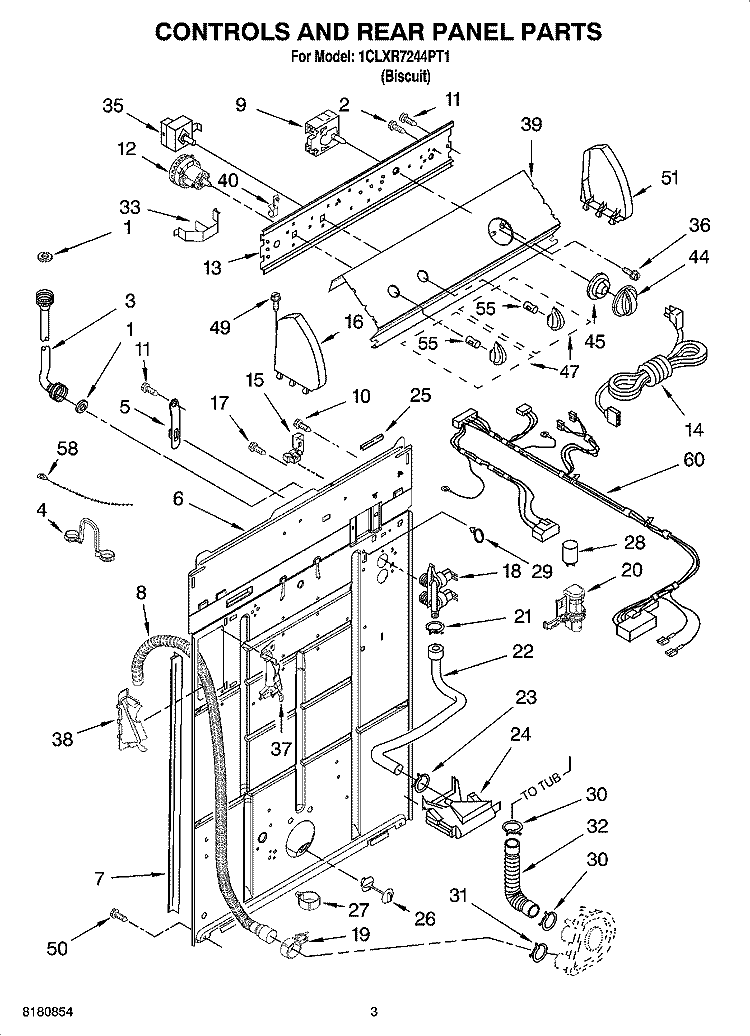 CONTROLS AND REAR PANEL PARTS Diagram and Parts List for 1CLXR7244PT1  Whirlpool Washer