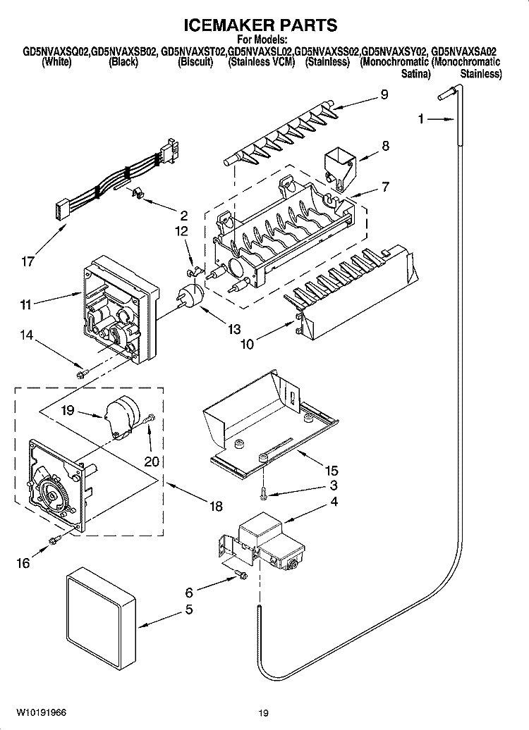 ICEMAKER PARTS, OPTIONAL PARTS (NOT INCLUDED) Diagram and Parts List for GD5NVAXSA02  Whirlpool Refrigerator