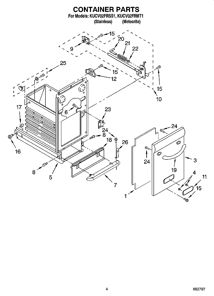 CONTAINER PARTS Diagram and Parts List for KUCV02FRMT1  KitchenAid Trash Compactor