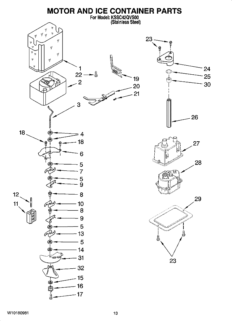 MOTOR AND ICE CONTAINER PARTS Diagram and Parts List for KSSC42QVS00  KitchenAid Refrigerator