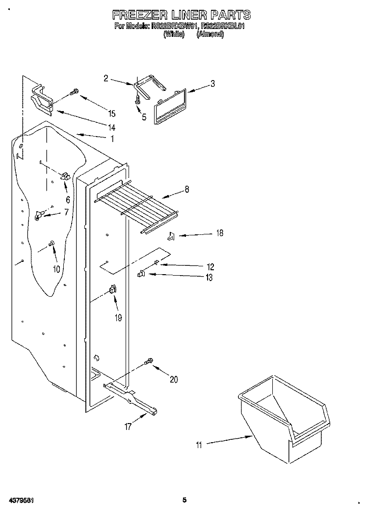 FREEZER LINER Diagram and Parts List for RS22BRXBL01  Roper Refrigerator