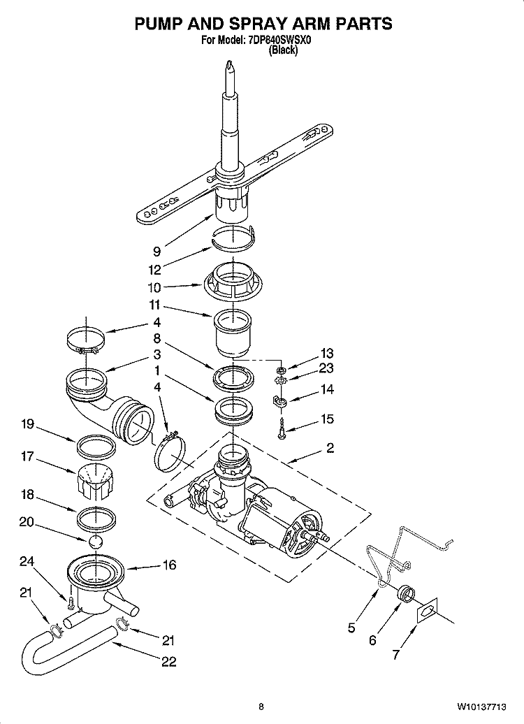 PUMP AND SPRAY ARM PARTS Diagram and Parts List for 7DP840SWSX0  Whirlpool Dishwasher