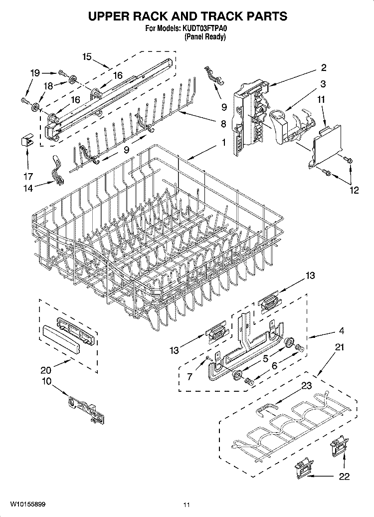 UPPER RACK AND TRACK PARTS Diagram and Parts List for KUDT03FTPA0  KitchenAid Dishwasher