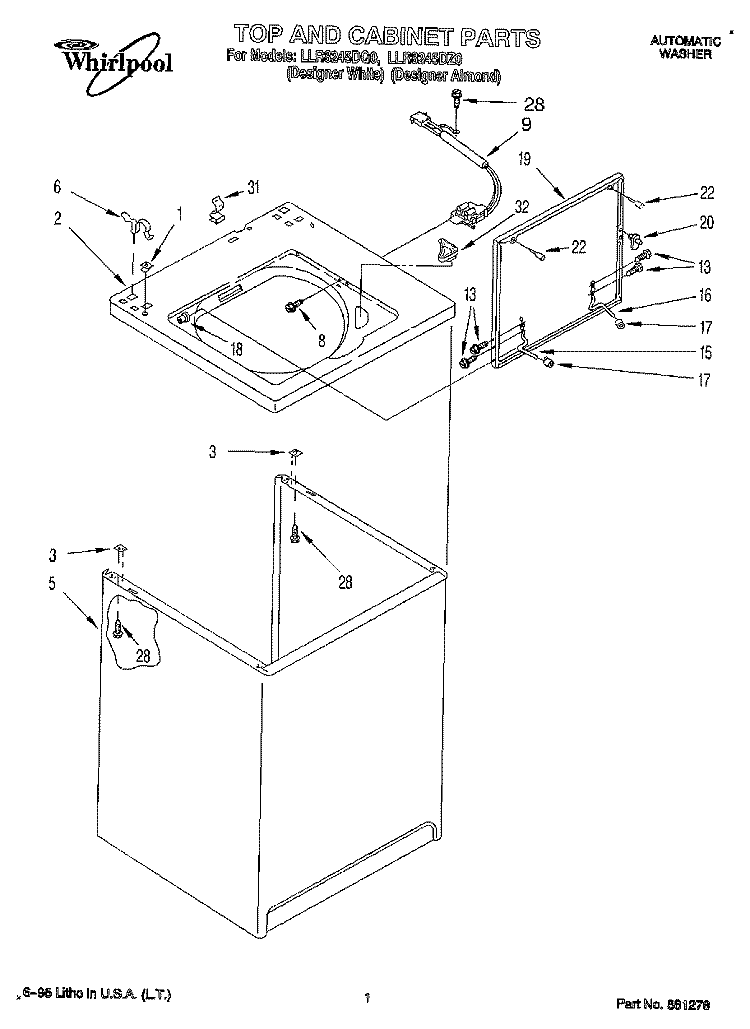 TOP AND CABINET, LIT/OPTIONAL Diagram and Parts List for LLR8245DQ0  Whirlpool Washer