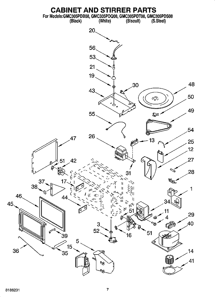CABINET AND STIRRER PARTS Diagram and Parts List for GMC305PDQ08  Whirlpool Microwave Oven Combo