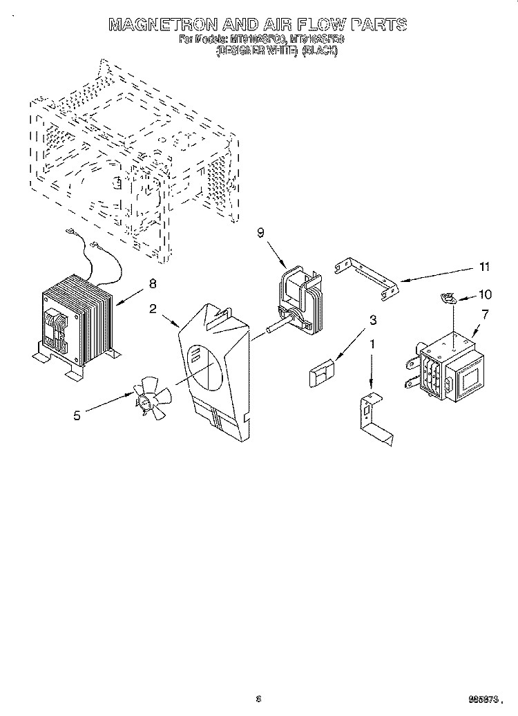 MAGNETRON AND AIR FLOW Diagram and Parts List for MT9102SFQ0  Whirlpool Microwave