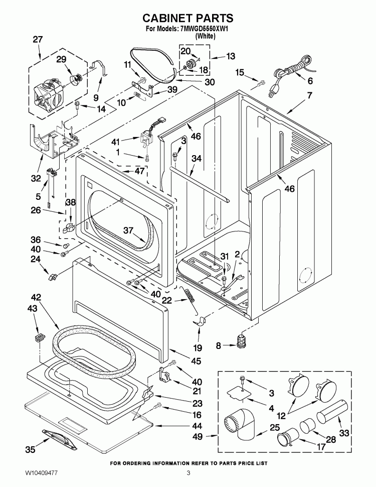 CABINET PARTS Diagram and Parts List for 7MWGD5550XW1  Whirlpool Dryer