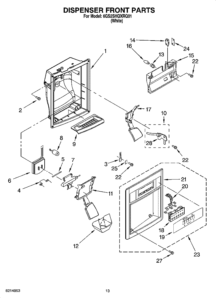 DISPENSER FRONT PARTS Diagram and Parts List for 6GS2SHQXRQ01  Whirlpool Refrigerator