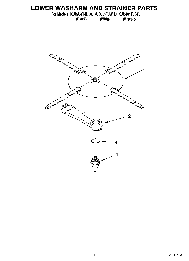 LOWER WASHARM AND STRAINER PARTS Diagram and Parts List for KUDJ01TJWH0  KitchenAid Dishwasher