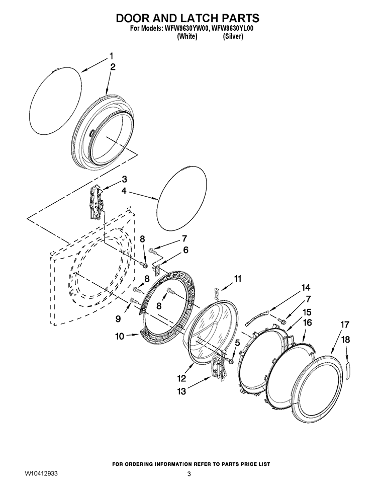 DOOR AND LATCH PARTS Diagram and Parts List for WFW9630YL00  Whirlpool Washer