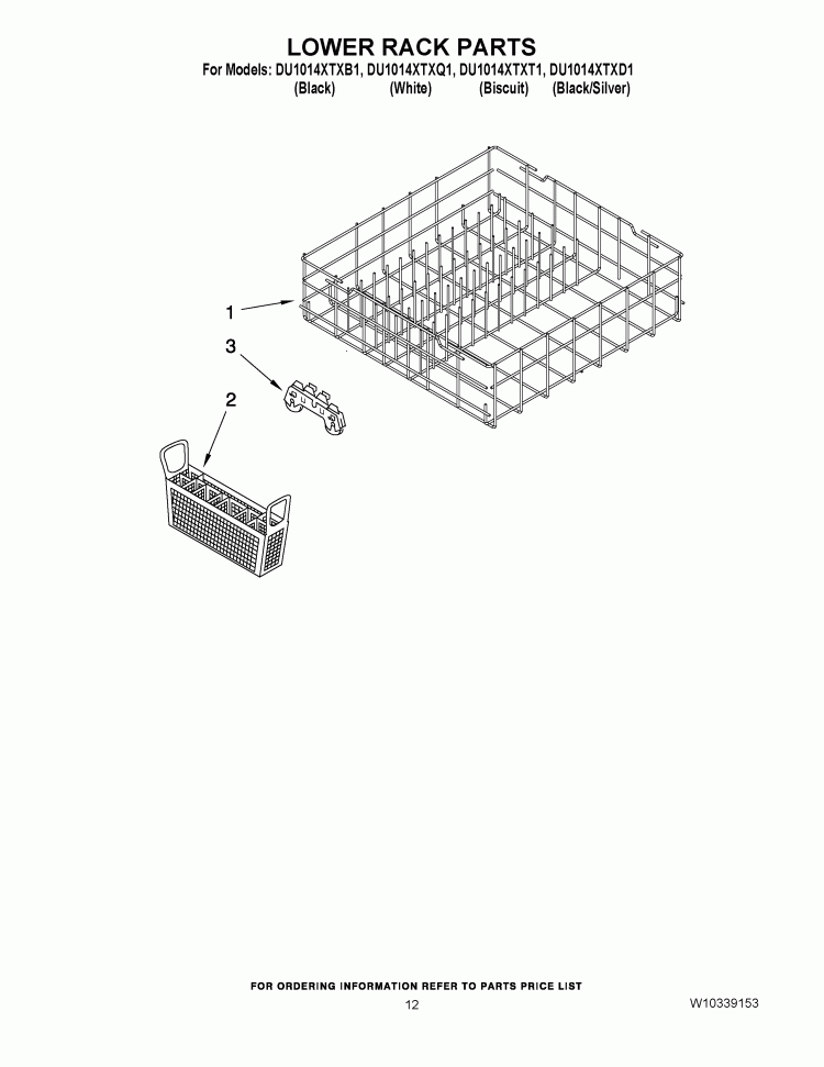 LOWER RACK PARTS Diagram and Parts List for DU1014XTXB1  Whirlpool Dishwasher