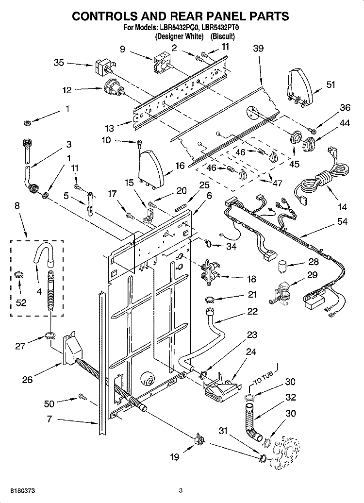 CONTROL AND REAR PANEL PARTS Diagram and Parts List for LBR5432PT0  Whirlpool Washer