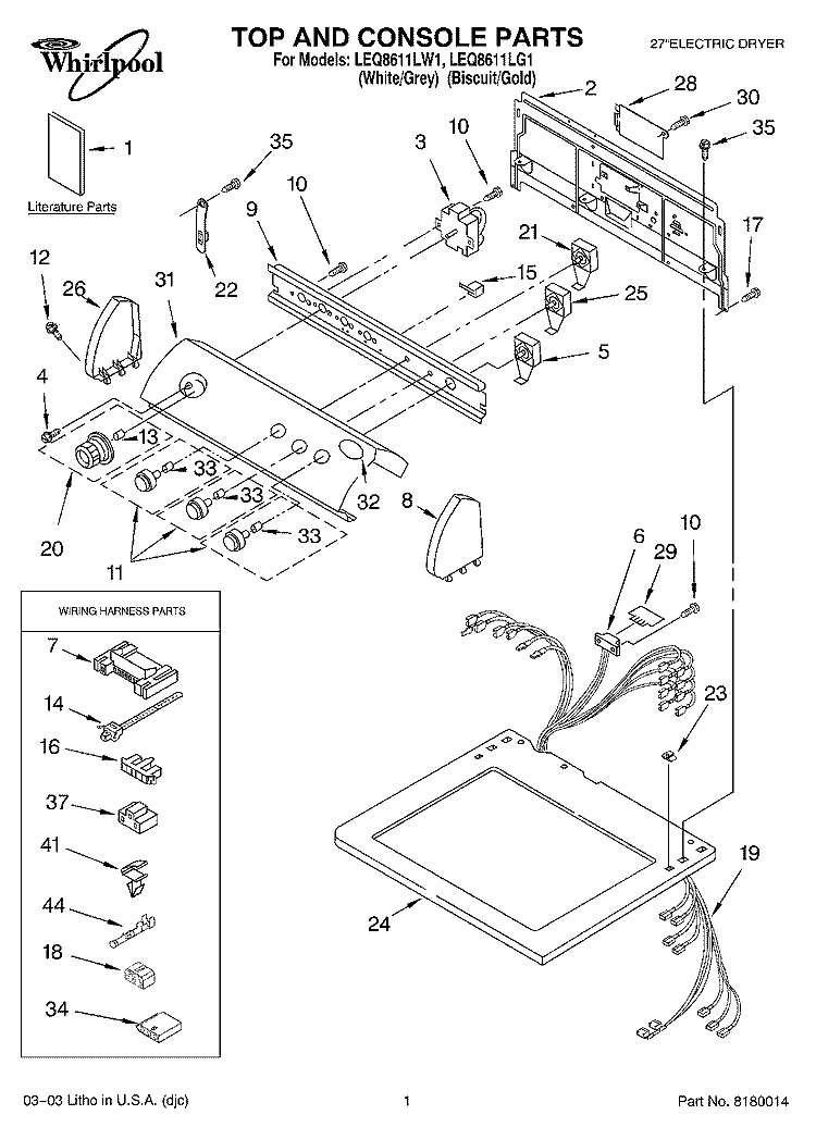 TOP AND CONSOLE PARTS Diagram and Parts List for LEQ8611LG1  Whirlpool Dryer