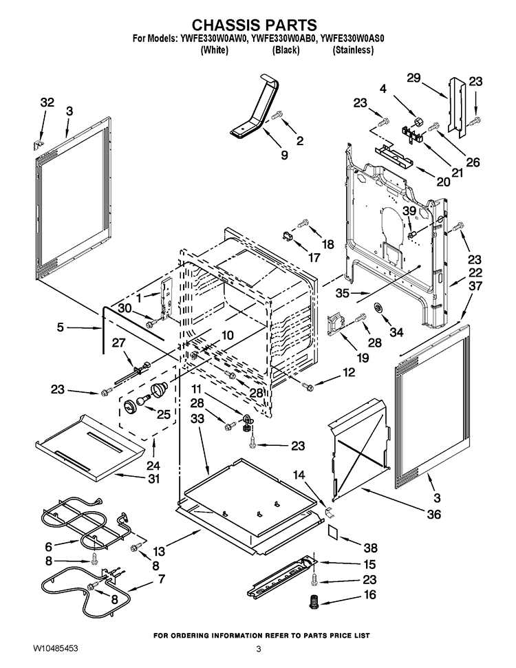 CHASSIS PARTS Diagram and Parts List for YWFE330W0AW0  Whirlpool Range