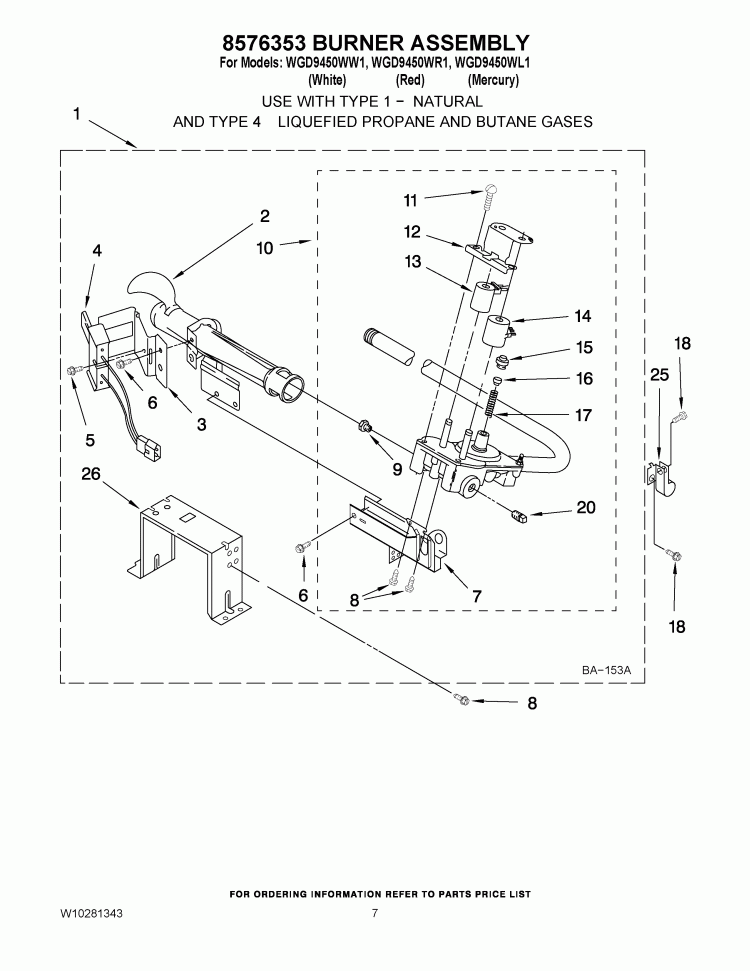 8576353 BURNER ASSEMBLY Diagram and Parts List for WGD9450WW1  Whirlpool Dryer