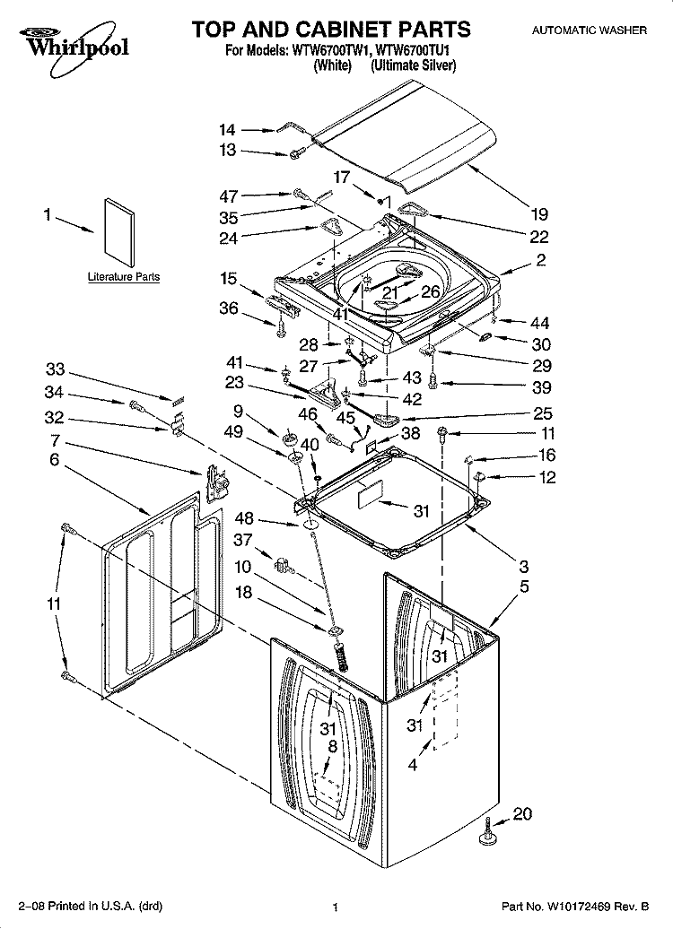 TOP AND CABINET PARTS Diagram and Parts List for WTW6700TW1  Whirlpool Washer
