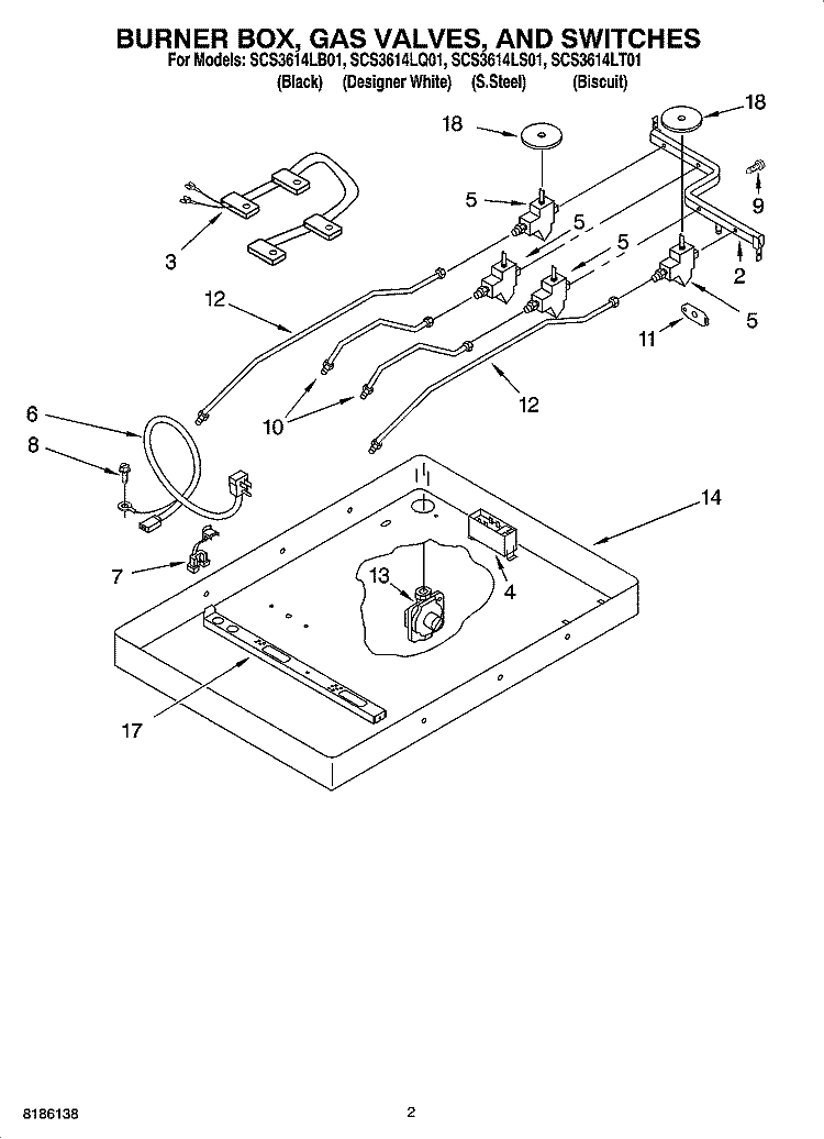 BURNER BOX, GAS VALVES, AND SWITCHES Diagram and Parts List for SCS3614LB01  Whirlpool Cooktop