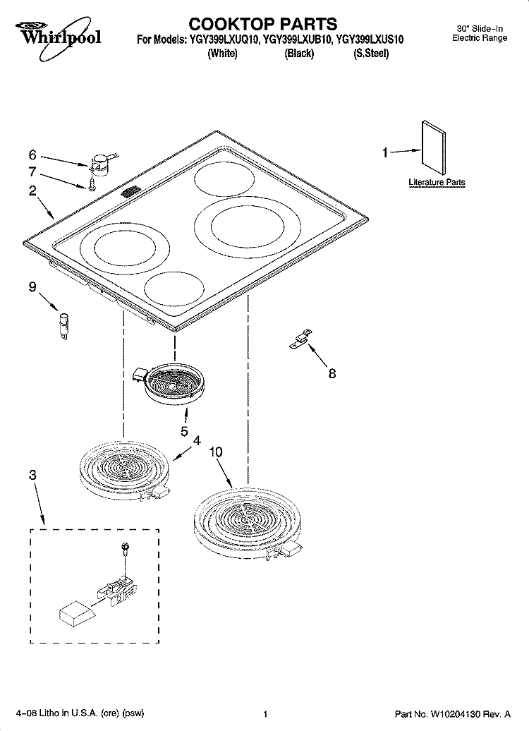 COOKTOP PARTS Diagram and Parts List for YGY399LXUQ10  Whirlpool Range