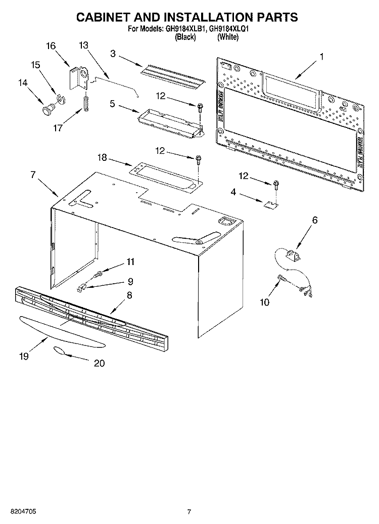 CABINET AND INSTALLATION PARTS Diagram and Parts List for GH9184XLB1  Whirlpool Microwave