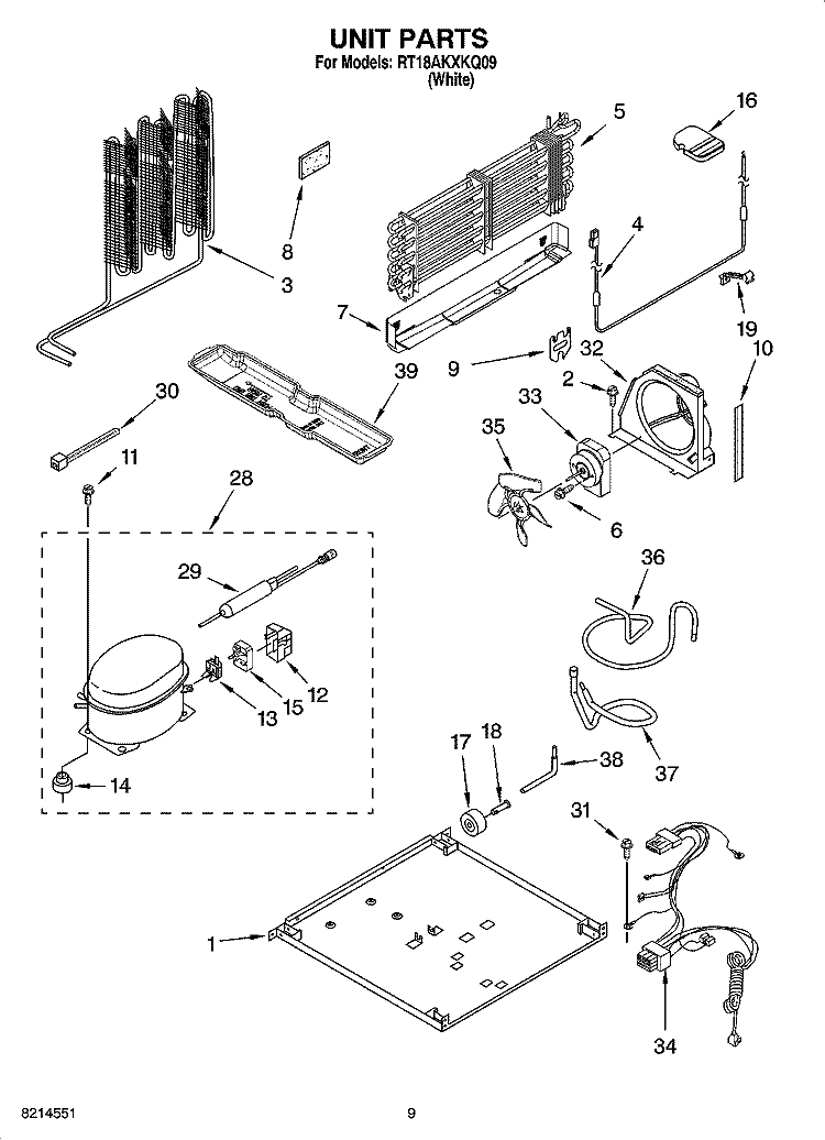 UNIT PARTS, OPTIONAL PARTS Diagram and Parts List for RT18AKXKQ09  Roper Refrigerator