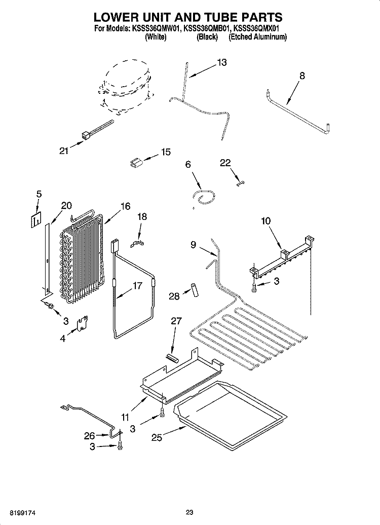 LOWER UNIT AND TUBE PARTS Diagram and Parts List for KSSS36QMB01  KitchenAid Refrigerator