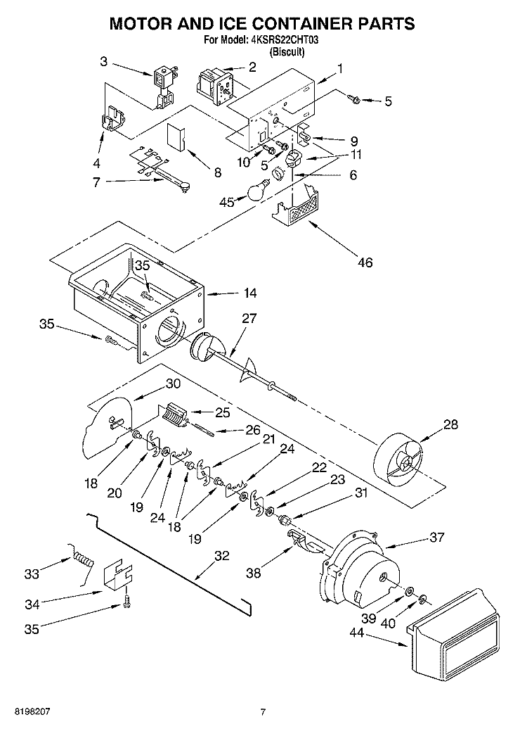 MOTOR AND ICE CONTAINER PARTS Diagram and Parts List for 4KSRS22CHT03  KitchenAid Refrigerator