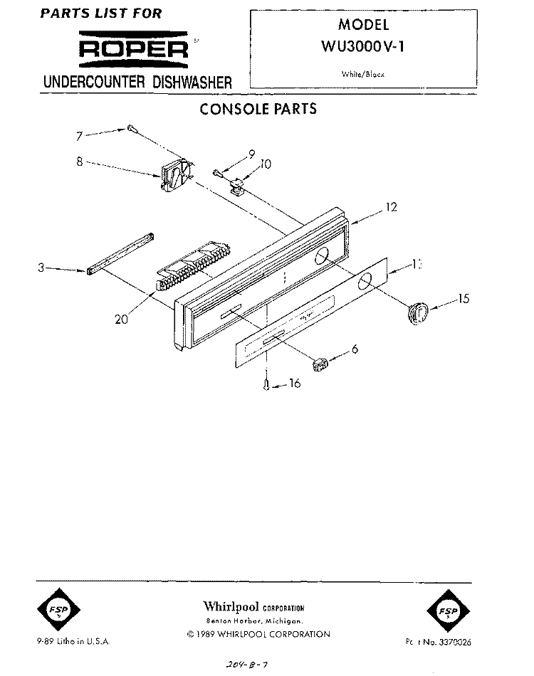 CONSOLE Diagram and Parts List for WU3000V1  Roper Dishwasher