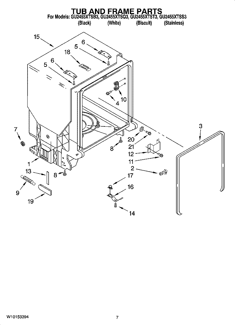 TUB AND FRAME PARTS Diagram and Parts List for GU2455XTST3  Whirlpool Dishwasher