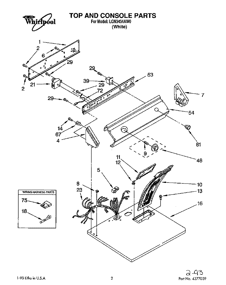 TOP AND CONSOLE, LIT/OPTIONAL Diagram and Parts List for LGN3434AW0  Whirlpool Dryer