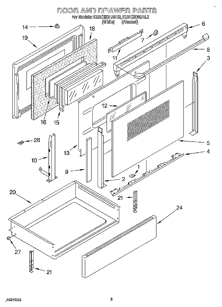 DOOR AND DRAWER Diagram and Parts List for KERC500EAL2  KitchenAid Range