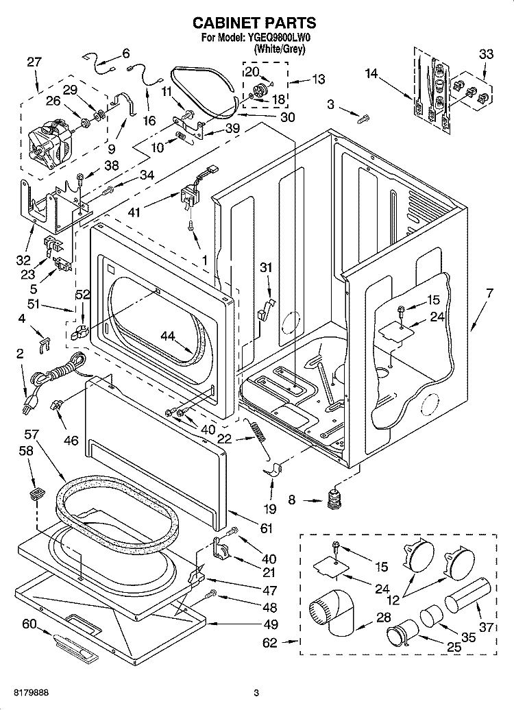 CABINET PARTS Diagram and Parts List for YGEQ9800LW0  Whirlpool Dryer