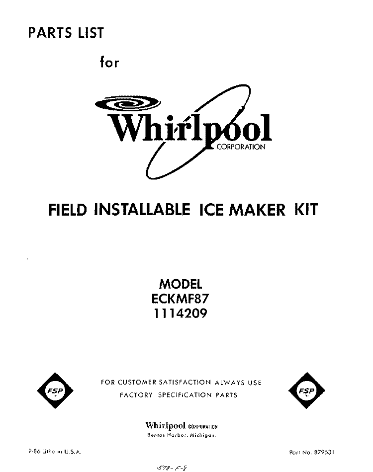 SECTION Diagram and Parts List for ECKMF87  Whirlpool Ice Maker