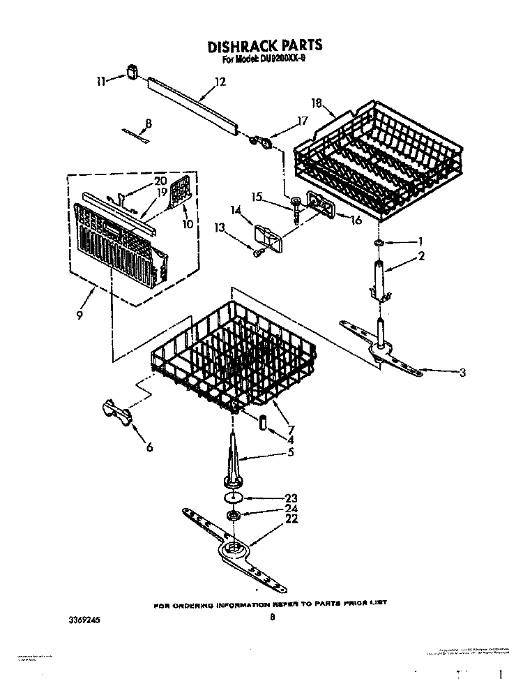 DISHRACK Diagram and Parts List for DU9200XX0  Whirlpool Dishwasher