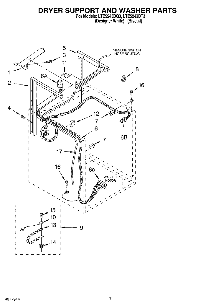 DRYER SUPPORT AND WASHER Diagram and Parts List for LTE5243DQ3  Whirlpool Washer Dryer Combo