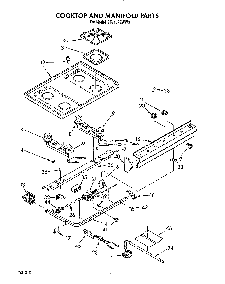 COOKTOP AND MANIFOLD, LIT/OPTIONAL Diagram and Parts List for SF310PEWW3  Whirlpool Range