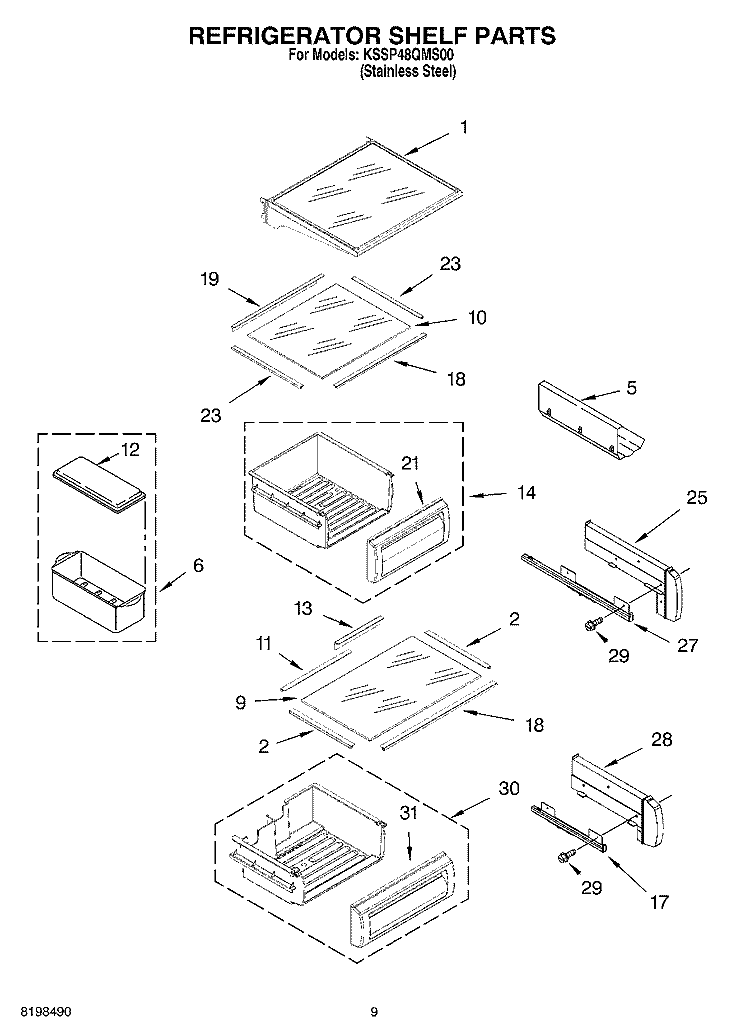 REFRIGERATOR SHELF PARTS Diagram and Parts List for KSSP48QMS00  KitchenAid Refrigerator