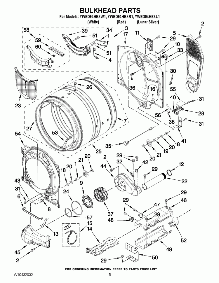 BULKHEAD PARTS Diagram and Parts List for YWED94HEXL1  Whirlpool Dryer